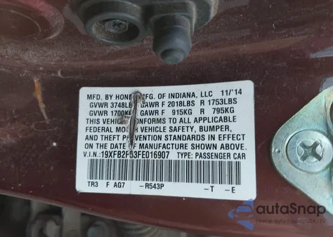 2015 Honda Civic Lx z USA, uszkodzony, nr VIN 19XFB2F53FE016907